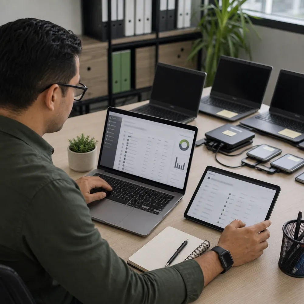 Administrador de TI revisando usuarios equipos y licencias empresariales