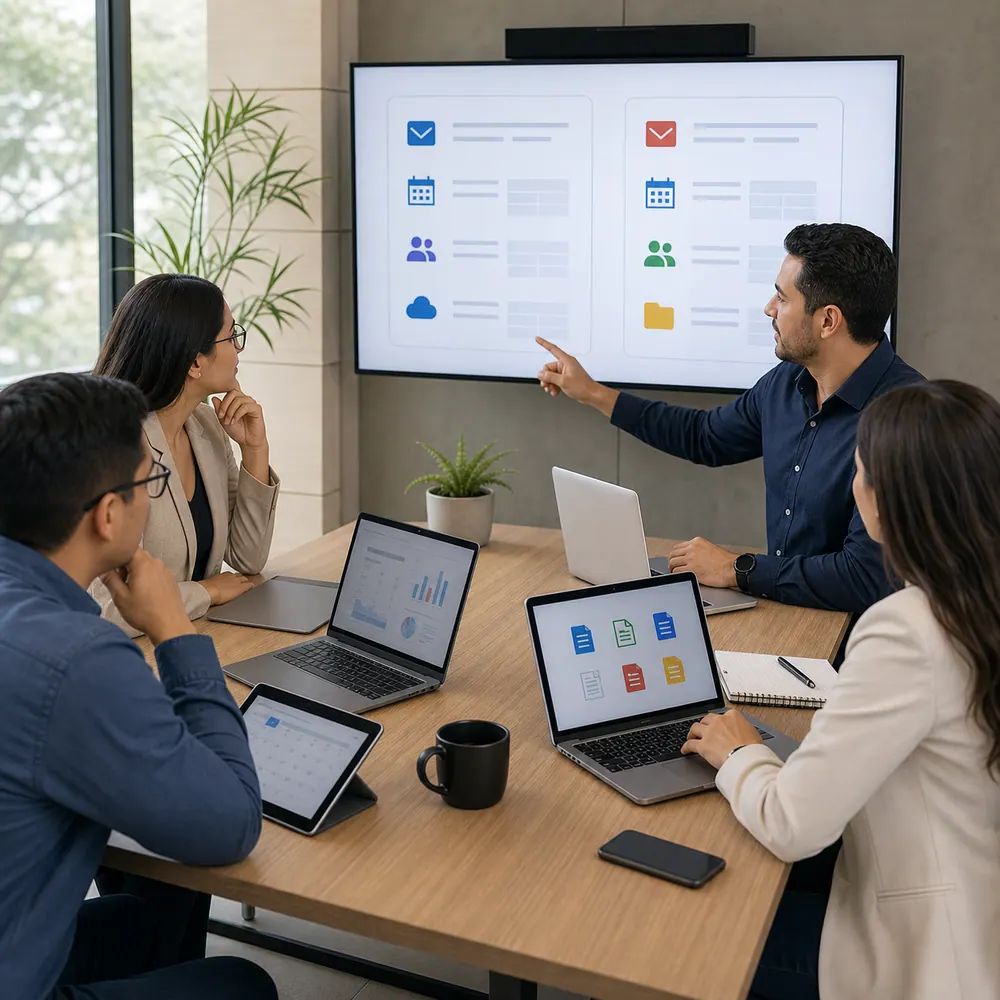 Equipo comparando plataformas de correo y colaboración en la nube