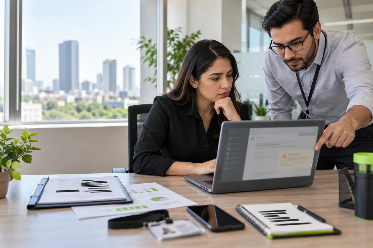 Equipo empresarial revisando una alerta antes de compartir información sensible con una inteligencia artificial