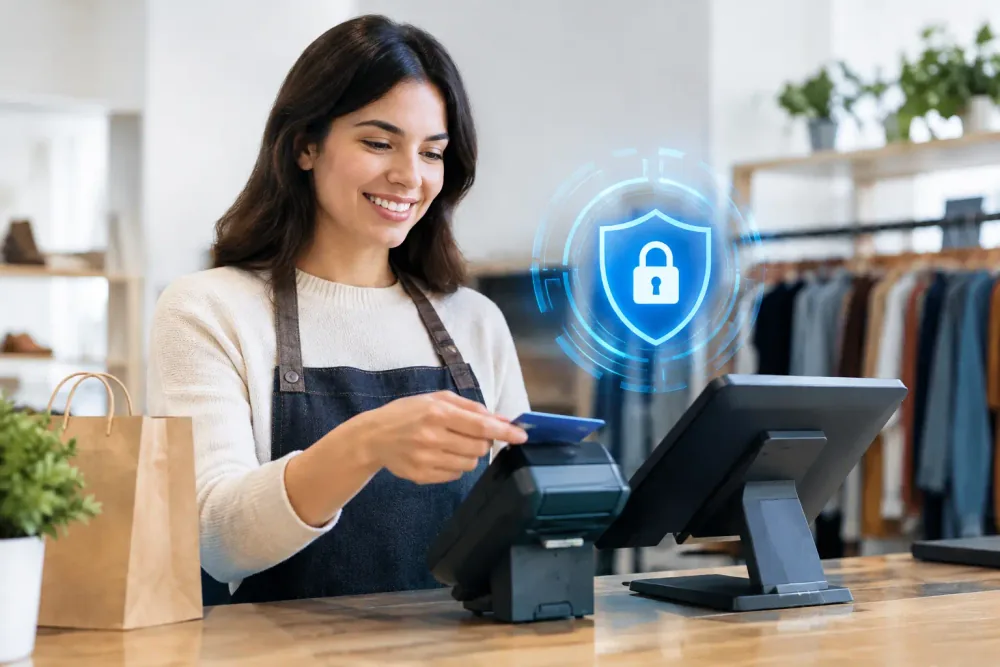 Comercio revisando la protección de punto de venta, correo, red y respaldos
