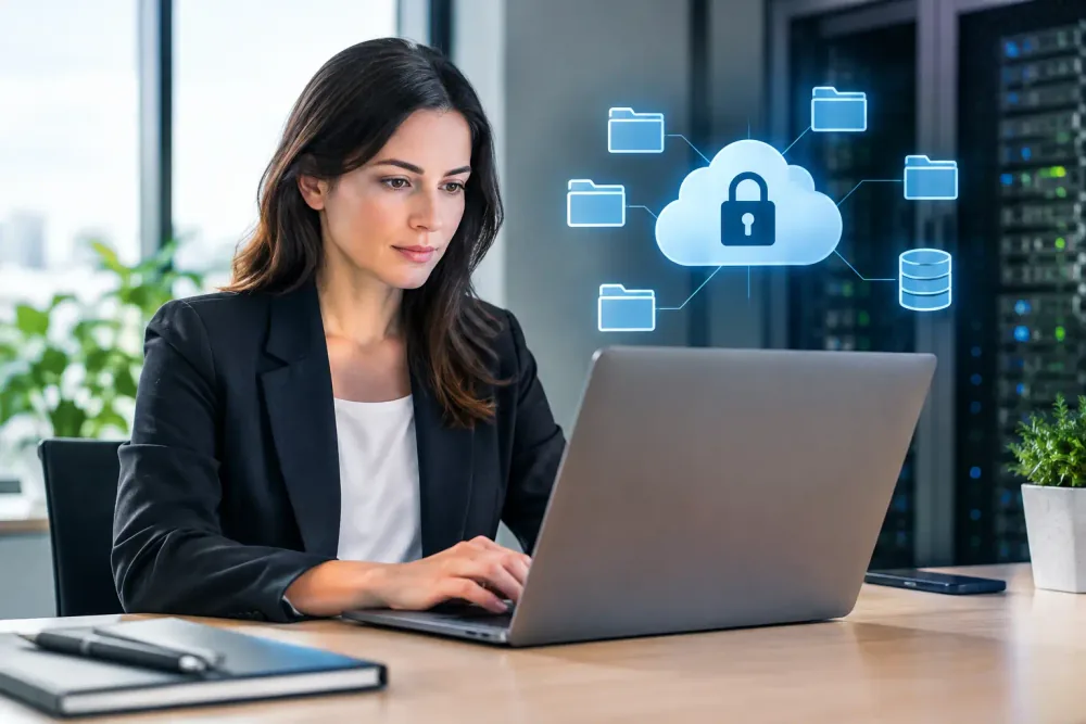 Responsable empresarial revisando el alojamiento seguro de archivos y datos en nube y servidores
