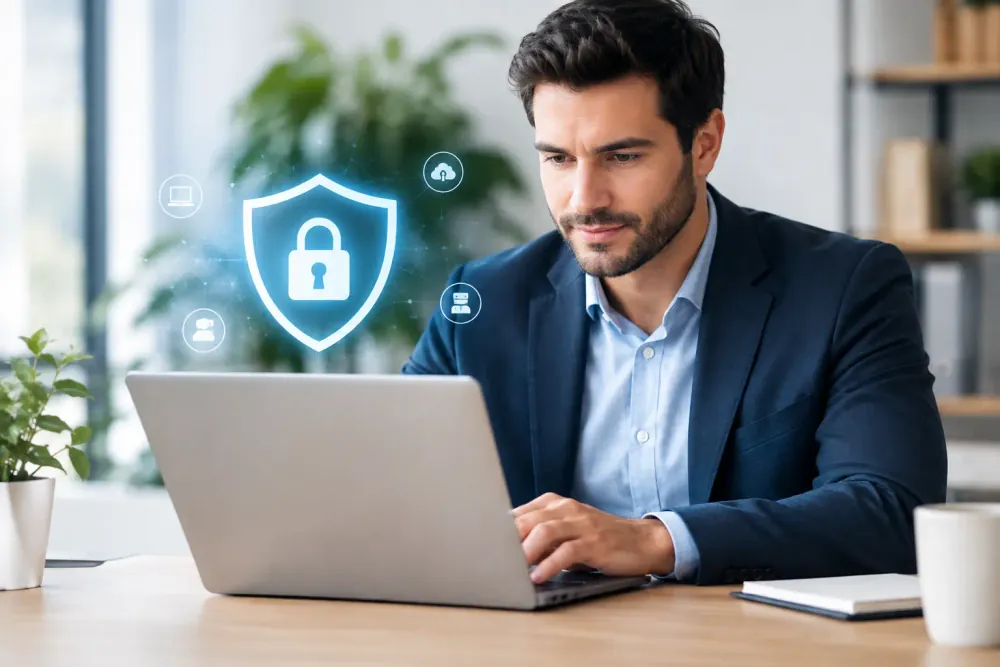 Profesional revisando la protección de una computadora empresarial