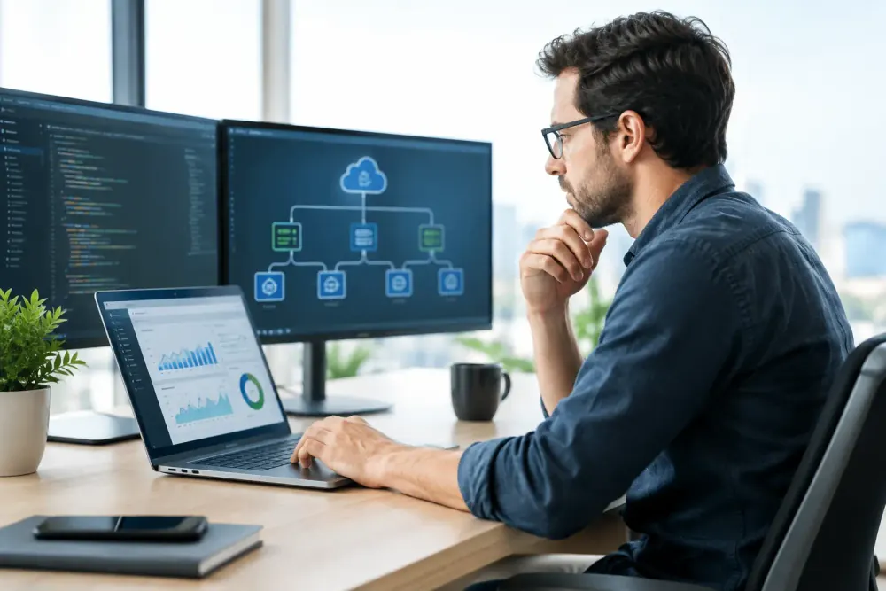 Responsable de TI revisando capacidad y arquitectura tecnológica de una empresa