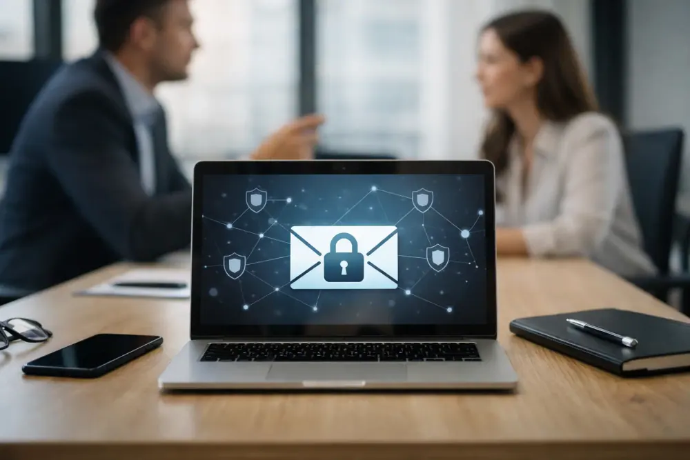 Equipo empresarial revisando la seguridad de su correo corporativo