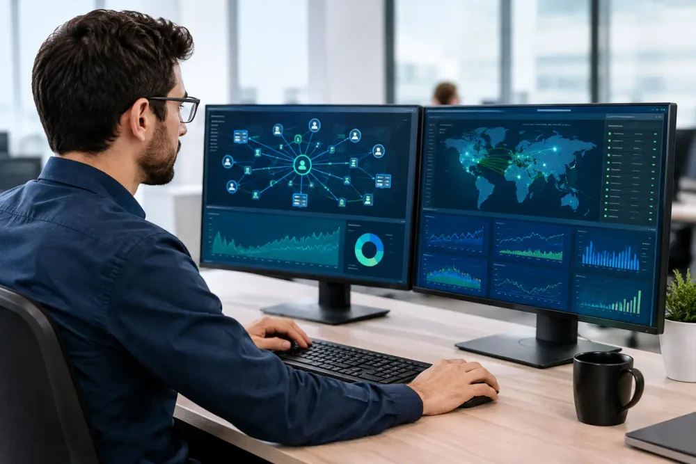 Especialista revisando indicadores y alertas de una red corporativa