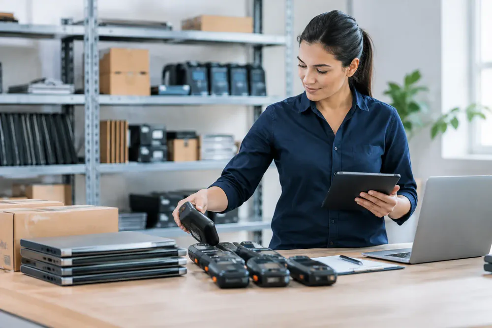 Responsable de una empresa etiquetando y registrando equipos tecnológicos