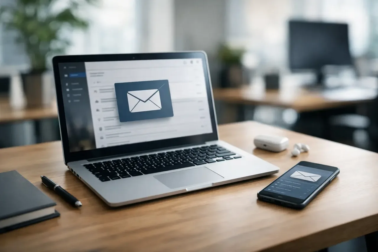 Equipo administrativo usando correo corporativo empresarial con dominio propio y controles de acceso