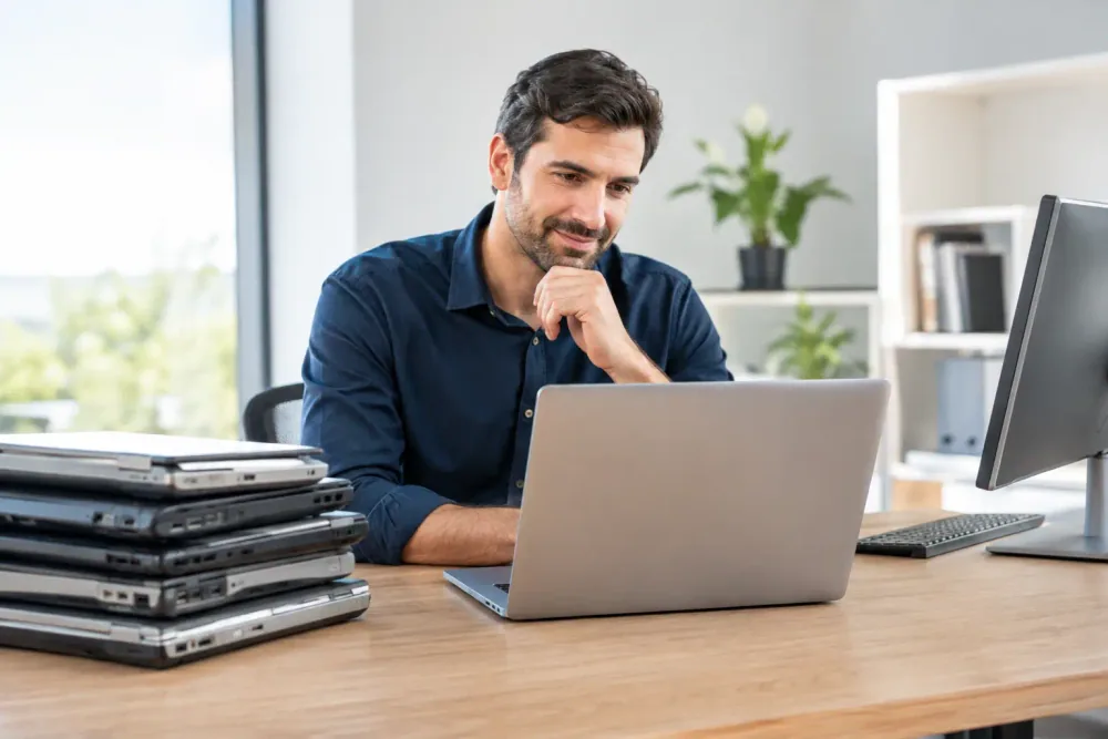 Responsable de empresa evaluando la renovación de computadoras y laptops de trabajo