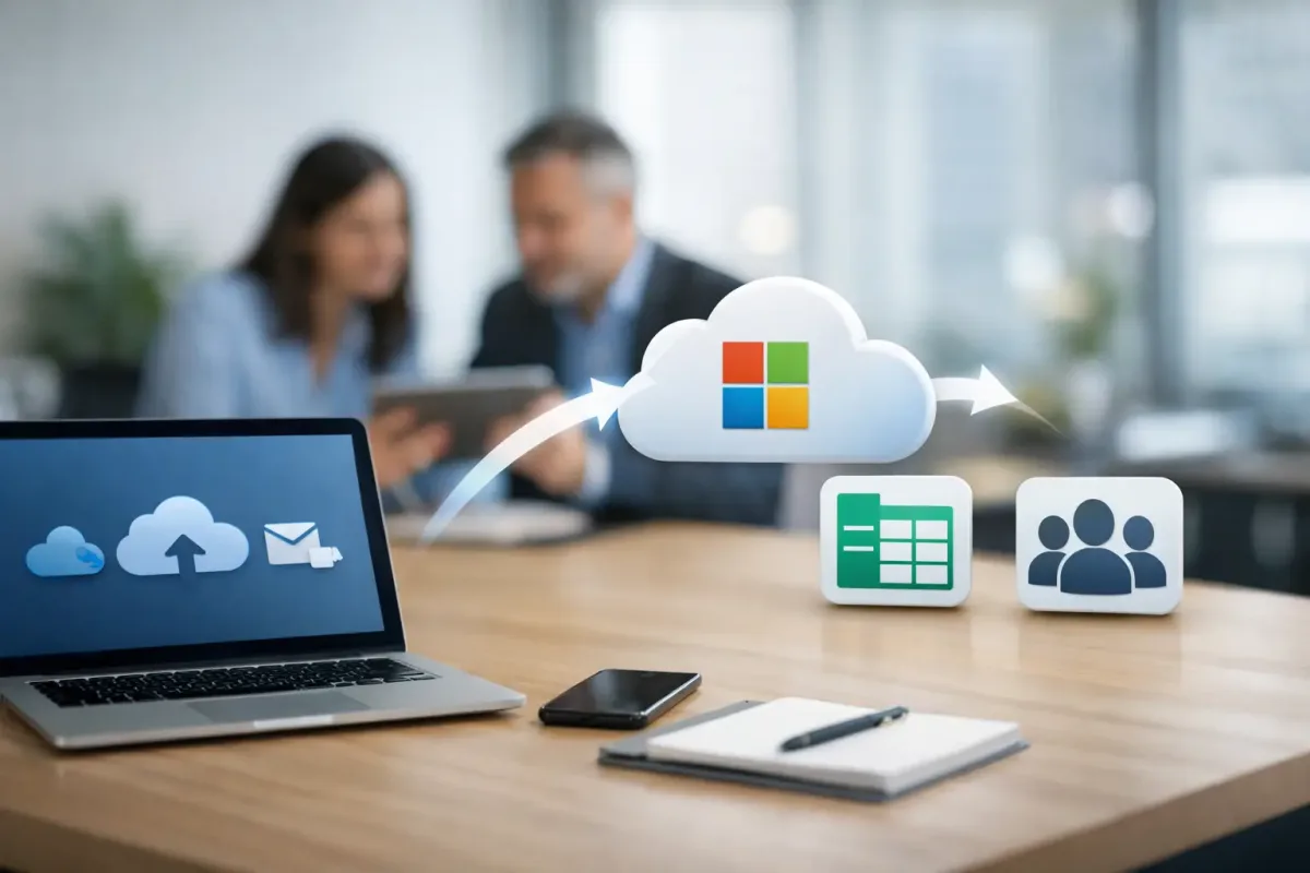 Equipo administrativo revisando cuentas de correo, calendario, dominio y seguridad durante una migración empresarial a Microsoft 365