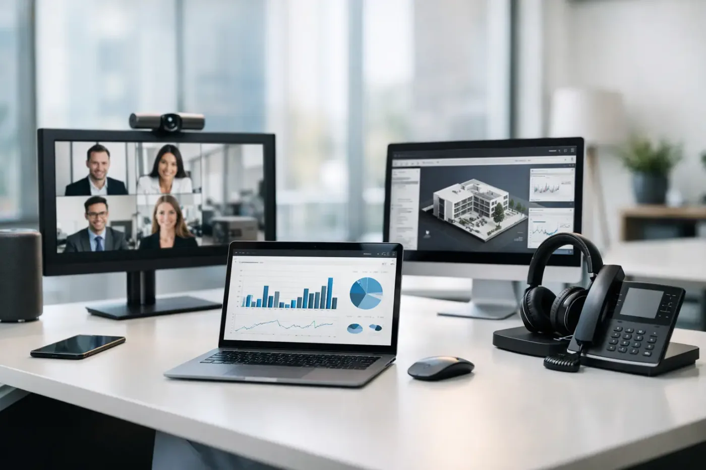 Oficina empresarial revisando computadoras, monitores, red, periféricos y software con criterios de soporte y continuidad operativa
