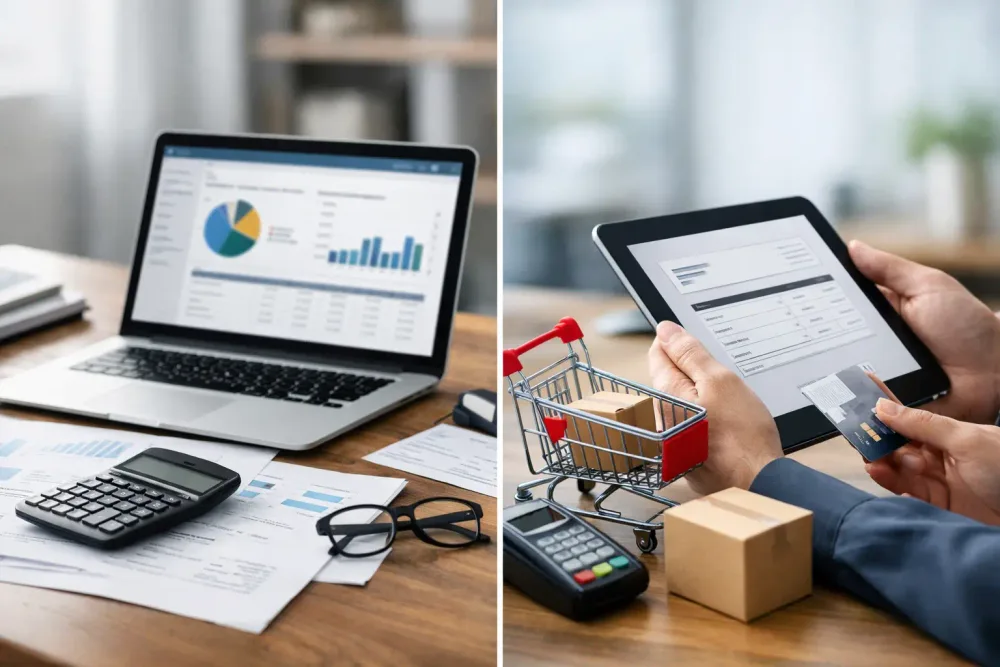Equipo administrativo comparando ERP contable, facturación electrónica, CFDI, cobranza y reportes financieros para una pyme