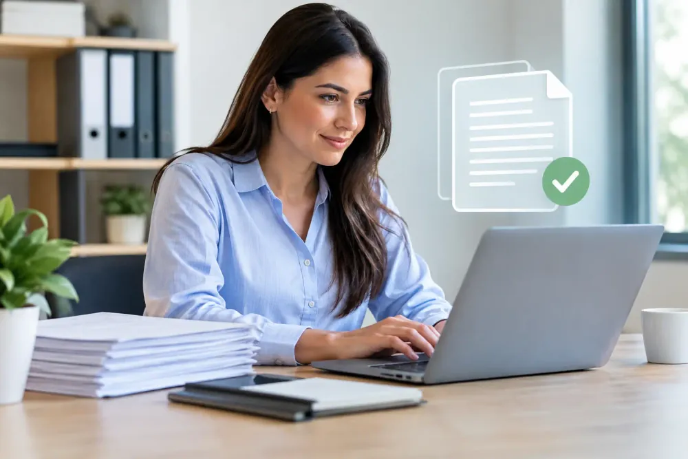 Responsable administrativa revisando documentos de facturación electrónica en una computadora
