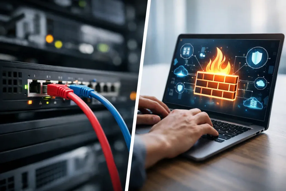 Especialista comparando un firewall físico y controles de seguridad virtuales para una empresa