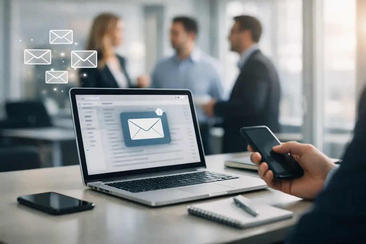 Equipo administrativo revisando correo empresarial, dominio, seguridad y soporte para mantener comunicación operativa