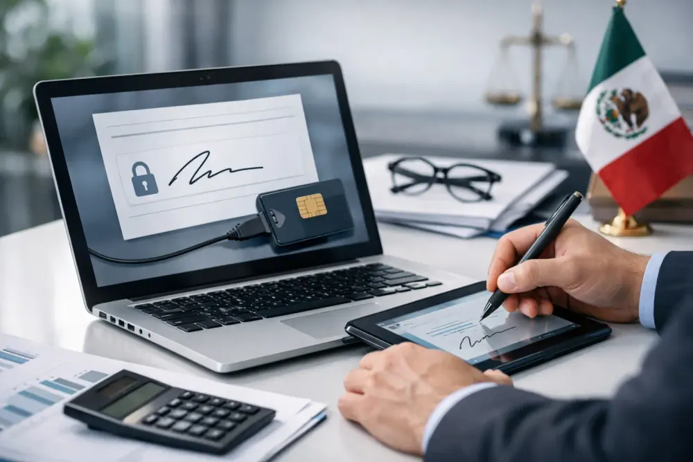Equipo administrativo resguardando e.firma, certificados SAT, CFDI y archivos fiscales en un repositorio empresarial seguro
