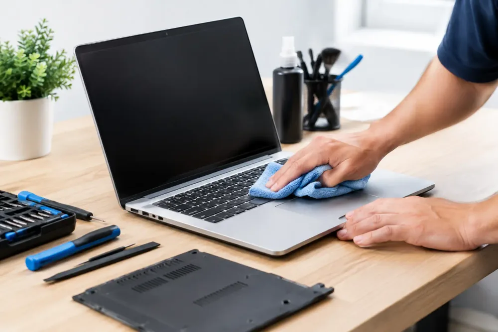 Especialista revisando una computadora empresarial durante un mantenimiento preventivo documentado