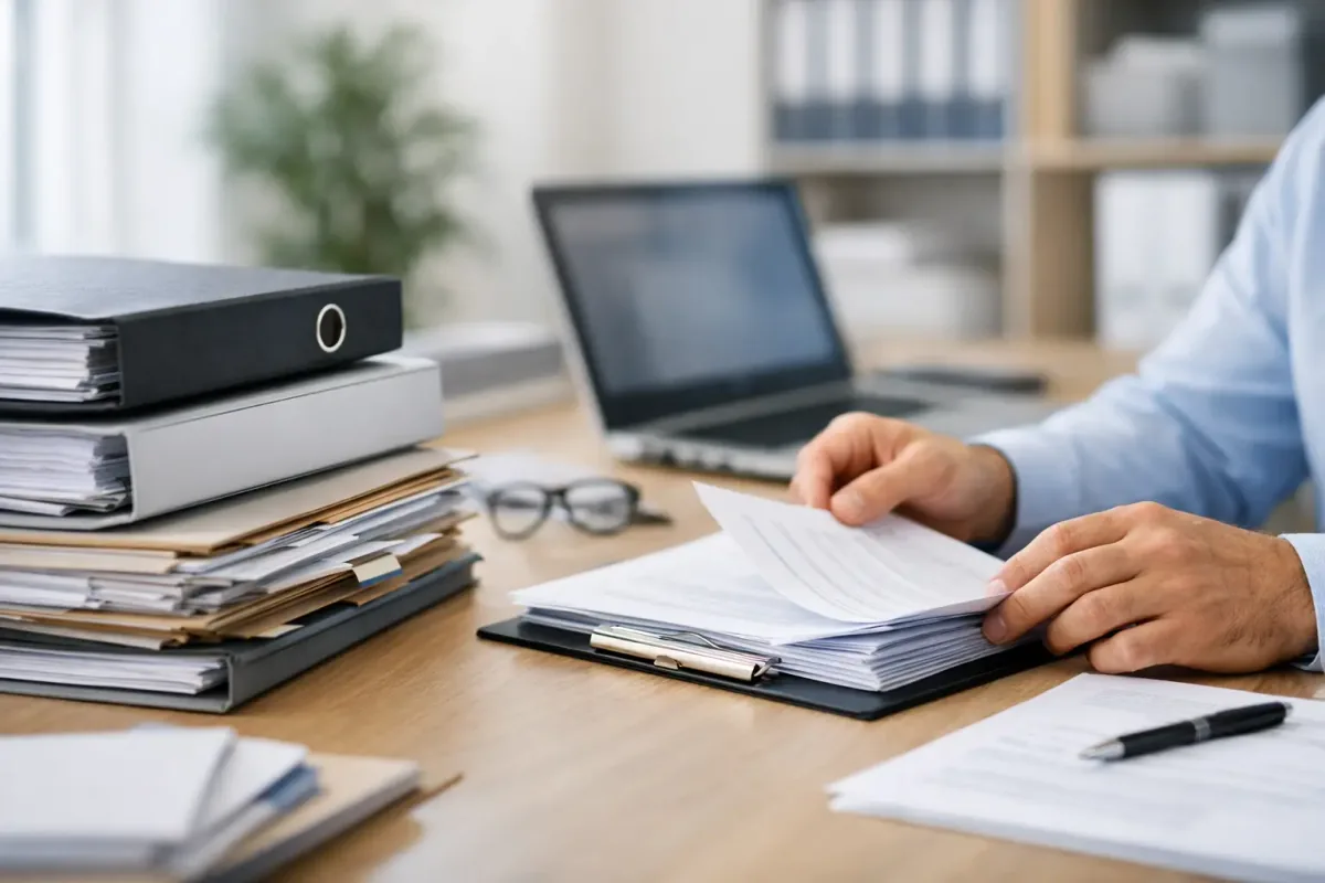 Equipo administrativo organizando documentos críticos, permisos y respaldos para control documental empresarial