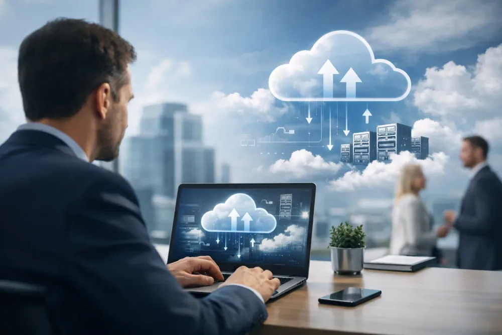 Responsable de TI planeando la migración de sistemas y datos empresariales hacia servicios en la nube