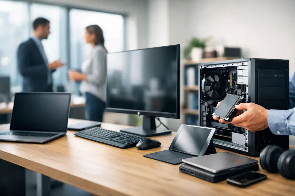 Equipo de administración y TI planeando renovación de hardware empresarial, inventario, migración y continuidad operativa