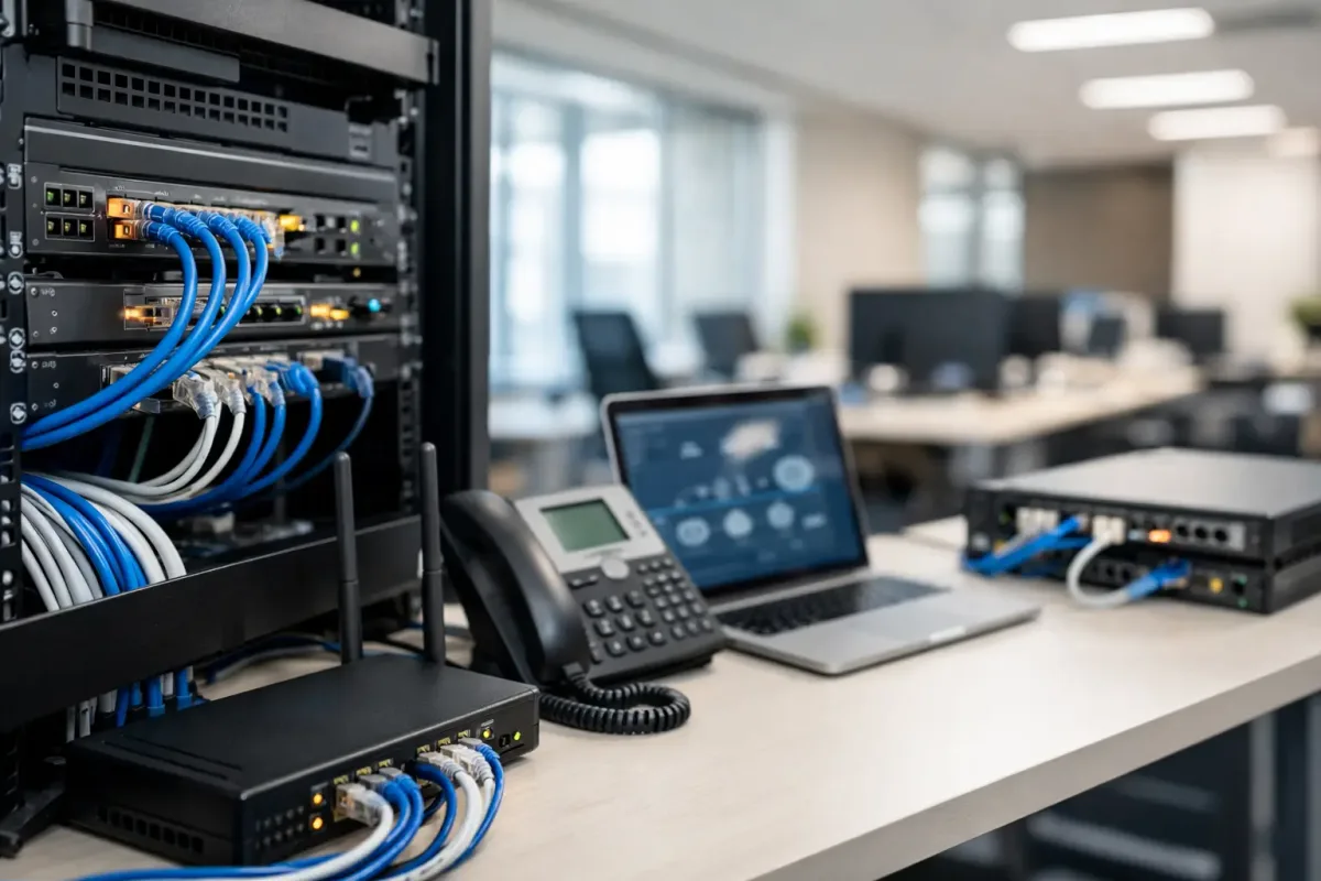 Oficina empresarial con infraestructura de red, cableado, switches, WiFi y conectividad administrada para usuarios y servicios críticos