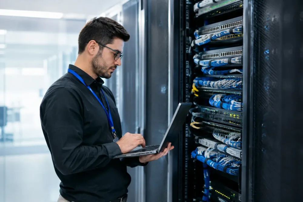 Equipo empresarial revisando redes, servidores, nube y soporte de infraestructura tecnológica