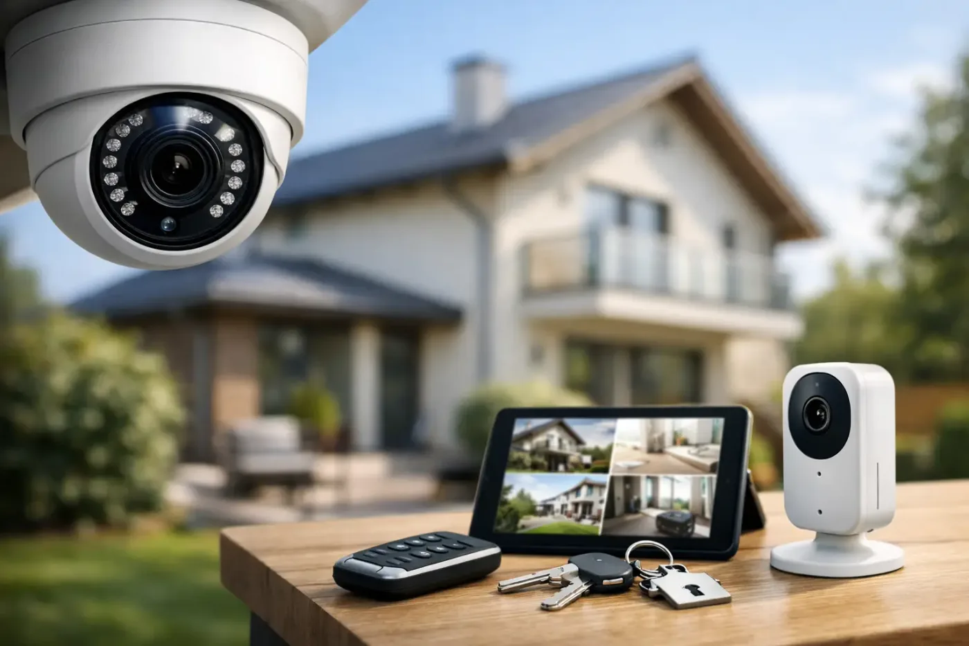Residencia con cámaras de videovigilancia, red y grabación configuradas para supervisar accesos del hogar