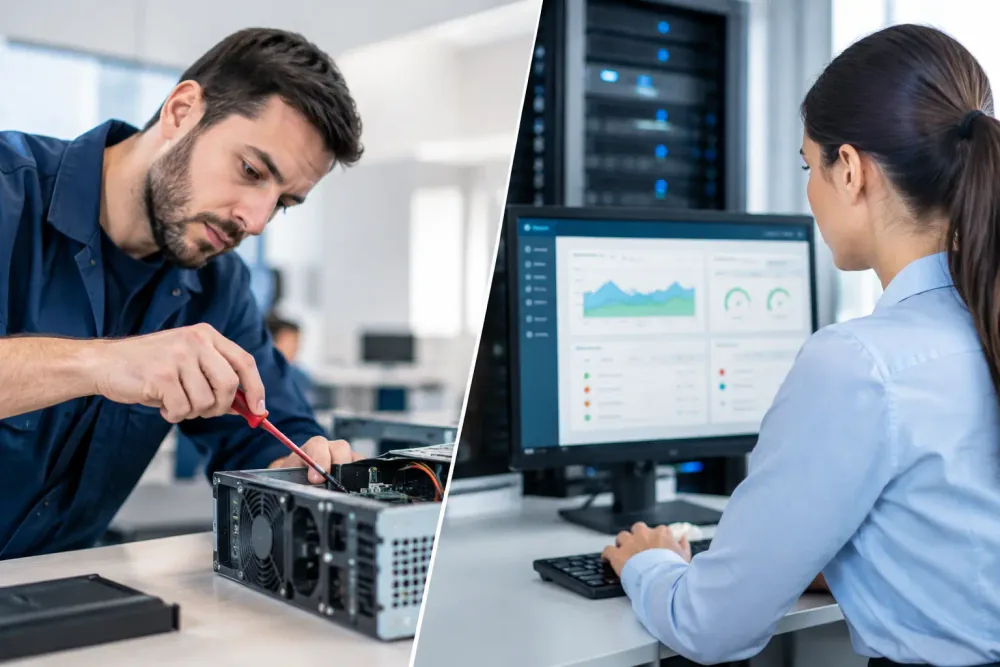 Especialista revisando el mantenimiento preventivo y correctivo de infraestructura tecnológica empresarial