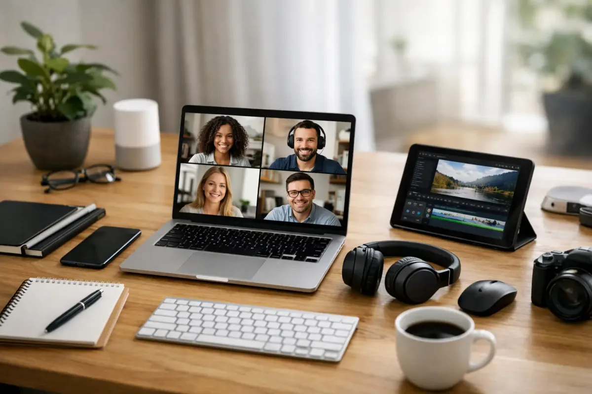 Equipo empresarial trabajando a distancia con herramientas de colaboración, nube y soporte remoto