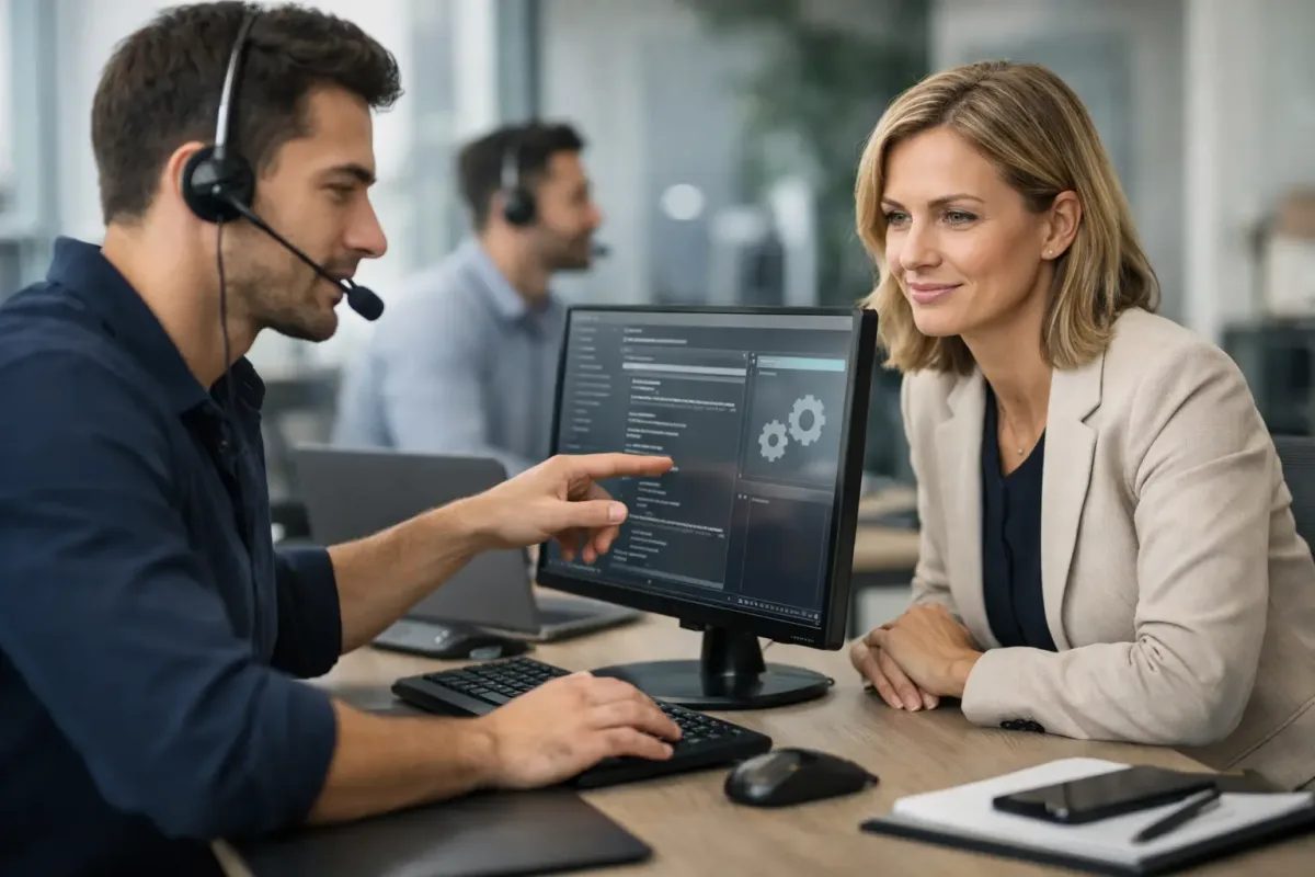 Equipo de soporte técnico empresarial revisando tickets, usuarios, seguridad, mantenimiento y continuidad operativa