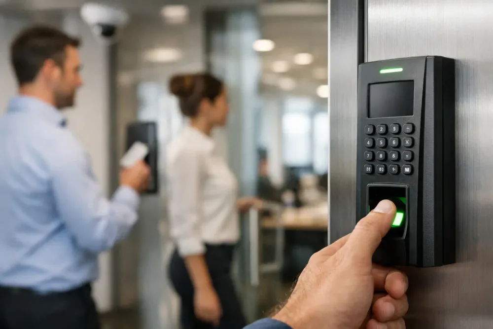 Personal de una pyme usando lector biométrico y credencial móvil en un acceso de oficina