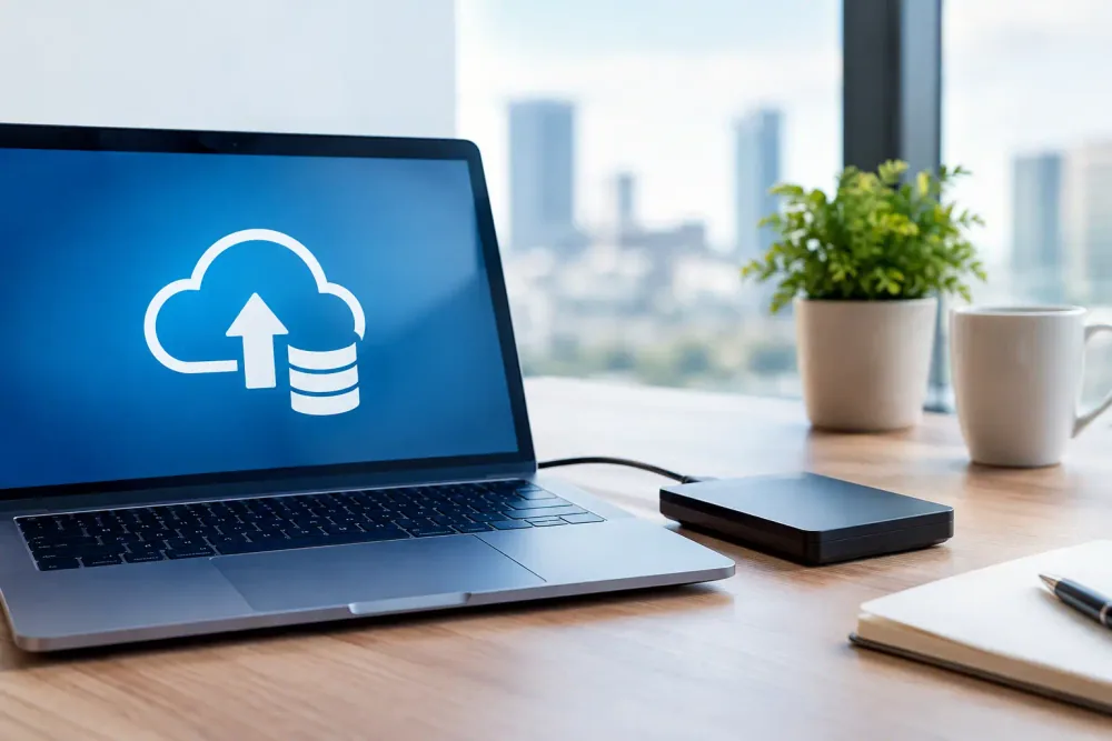 Computadora empresarial con respaldo en la nube y unidad de almacenamiento externa