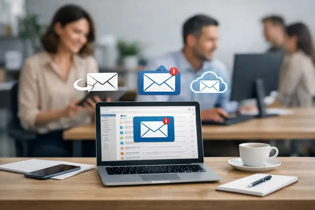 Equipo de una pyme revisando correo empresarial, usuarios y seguridad con soporte tecnológico