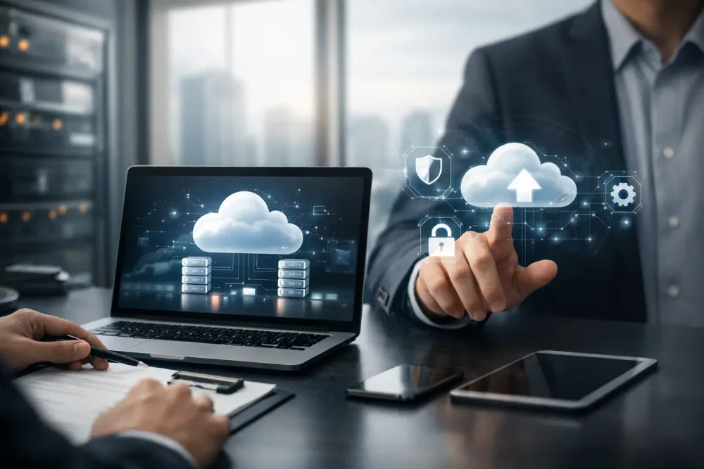 Equipo empresarial revisando servicios de nube, seguridad, almacenamiento y continuidad operativa