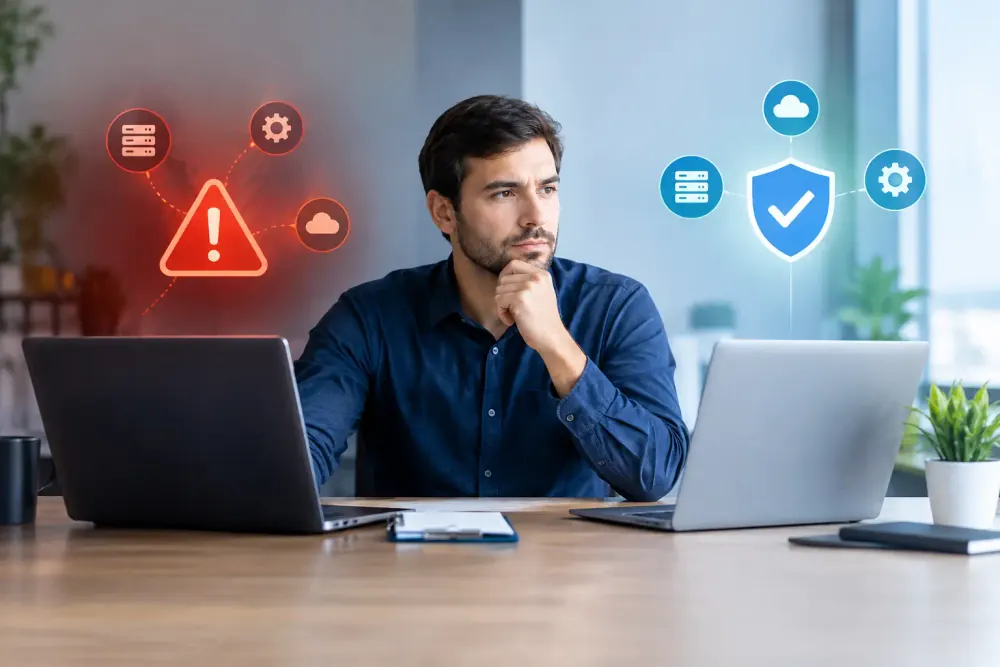 Equipo empresarial comparando atención reactiva y prevención proactiva de incidencias de TI