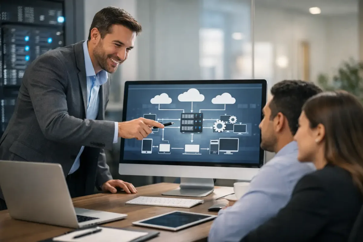 Equipo empresarial revisando outsourcing tecnológico, soporte, usuarios, infraestructura y continuidad operativa