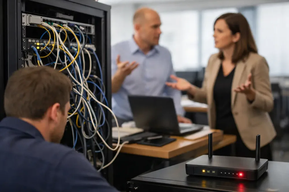 Personal de TI revisando cableado, equipo de red y conectividad en una pyme