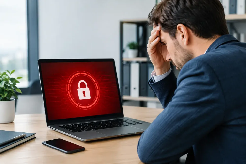 Responsable empresarial frente a una computadora bloqueada durante un posible incidente de ransomware