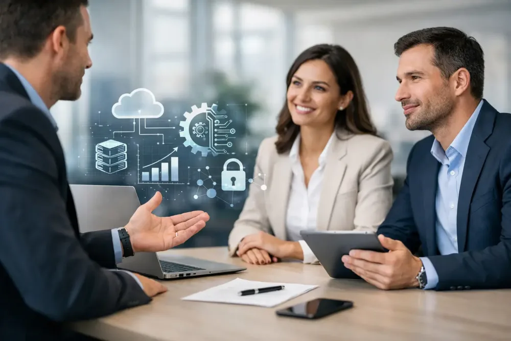 Directivos conversando con un consultor sobre nube, servidores, seguridad y prioridades tecnológicas