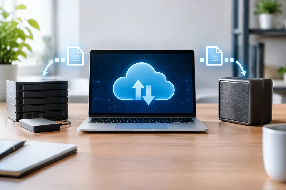 Equipo con almacenamiento local y nube para comparar respaldos completos e incrementales