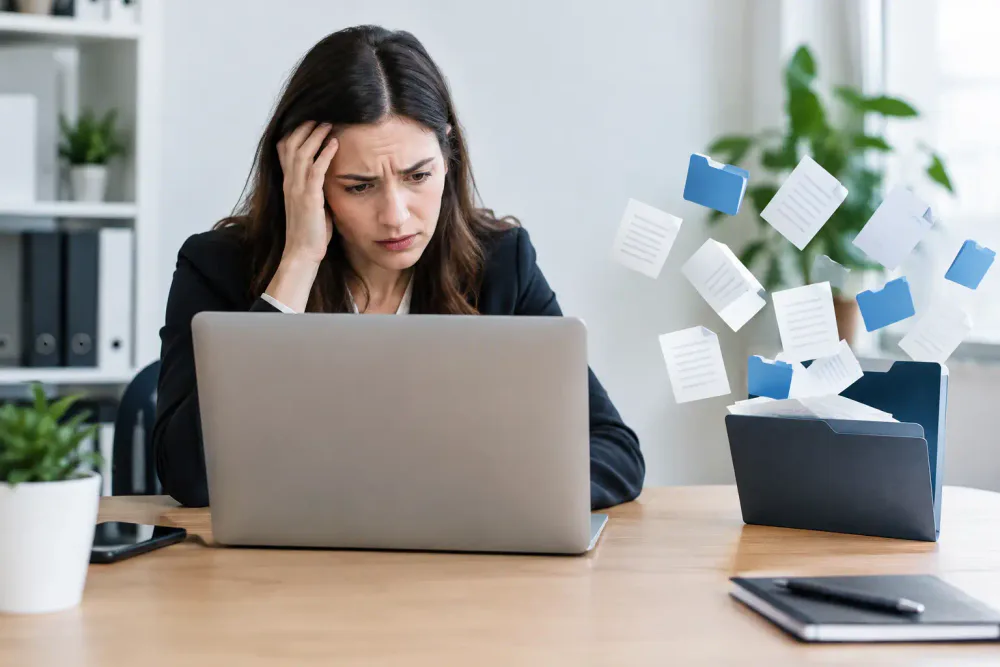 Responsable empresarial evaluando archivos y riesgos de pérdida de información