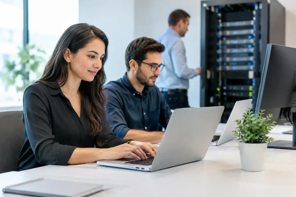 Equipo de una empresa en crecimiento coordinando usuarios, infraestructura y servicios administrados de TI