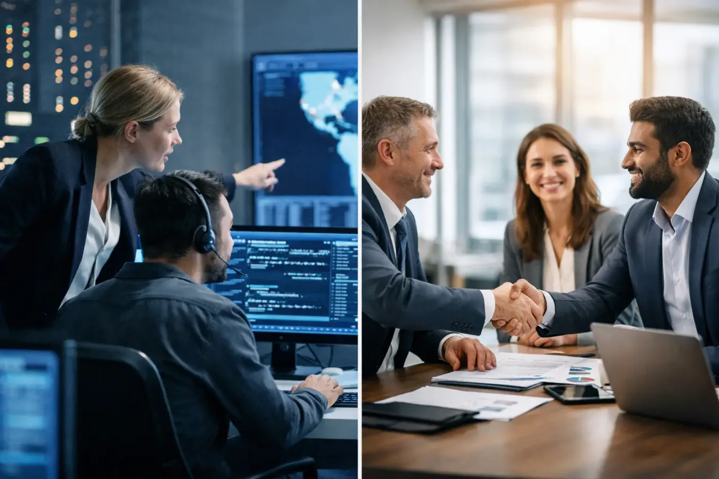 Equipo empresarial comparando servicios administrados y outsourcing de TI para definir continuidad, soporte y control operativo