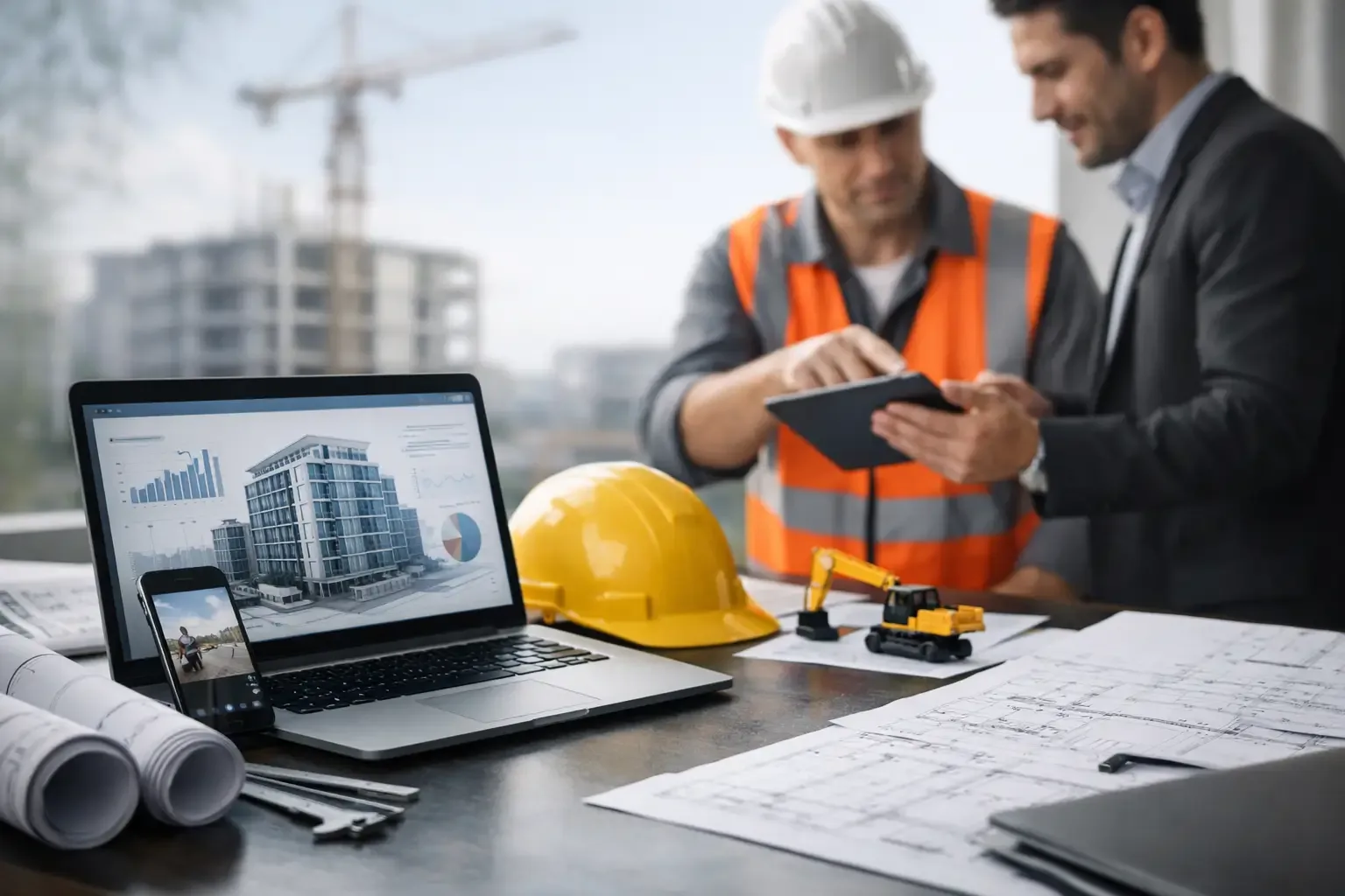 Equipo de construcción revisando operación tecnológica, conectividad, soporte y documentos entre obra y oficina