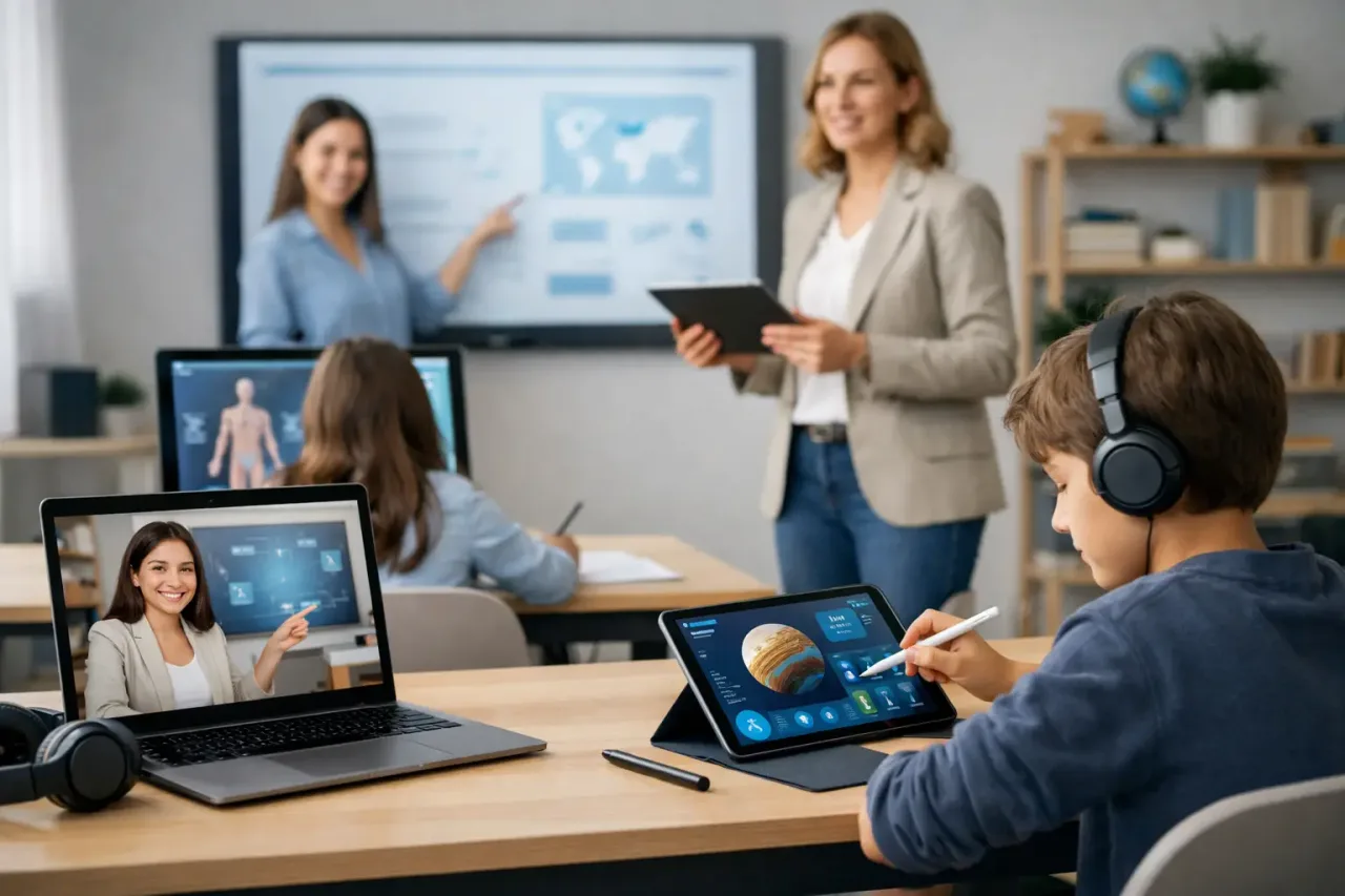 Institución educativa revisando conectividad, equipos, nube, seguridad y soporte tecnológico para aulas y administración