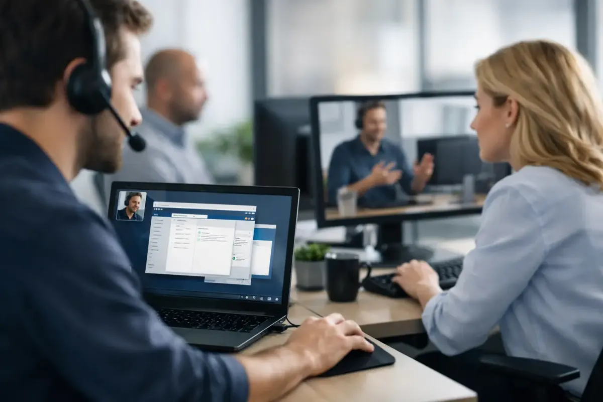 Especialista atendiendo soporte remoto para usuarios empresariales