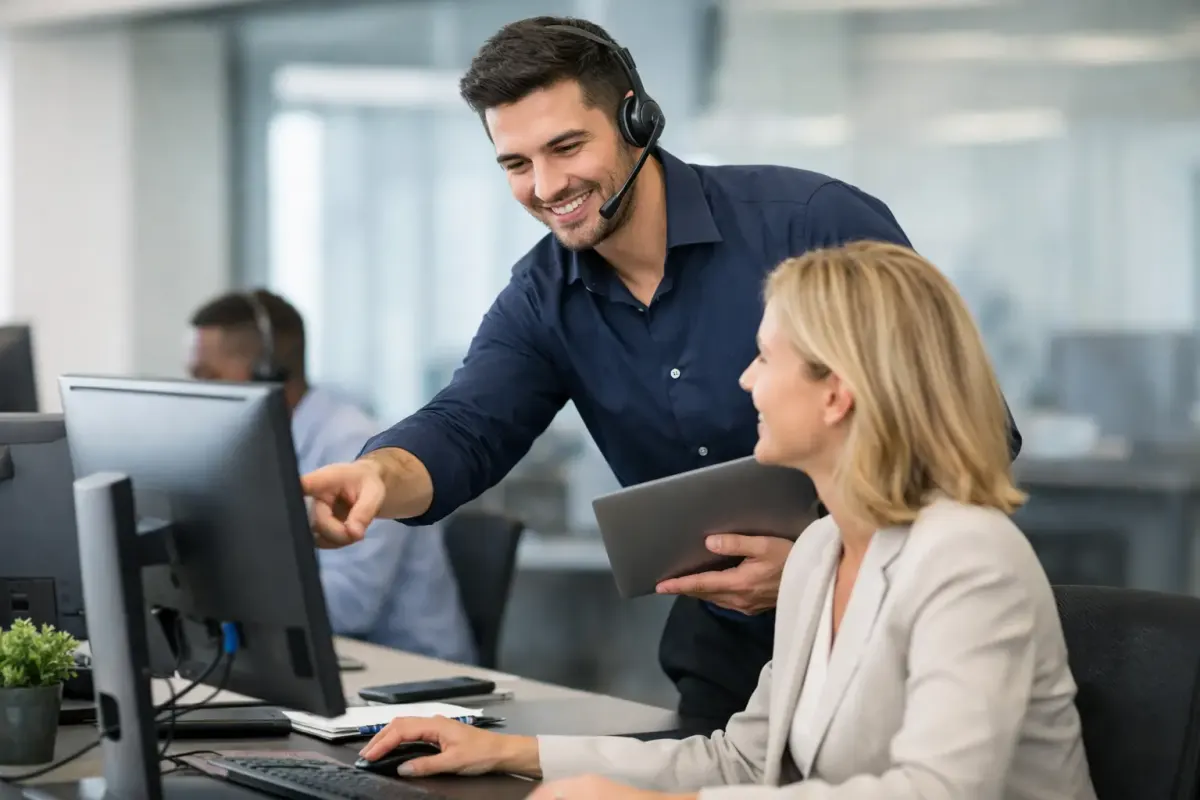 Equipo de soporte técnico empresarial revisando usuarios, equipos, red, correo y continuidad operativa para una empresa