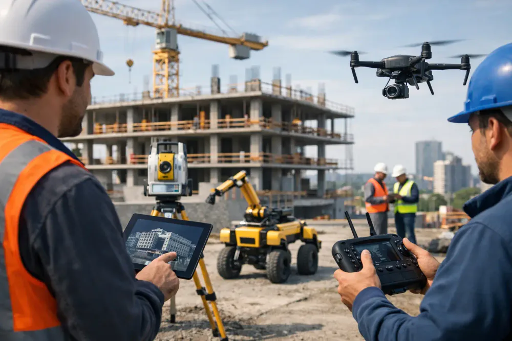 Personal de construcción supervisando una obra con tableta, dron y equipo de topografía