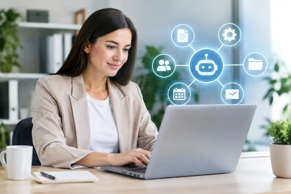 Equipo administrativo revisando flujos digitales, aprobaciones y automatización de procesos empresariales
