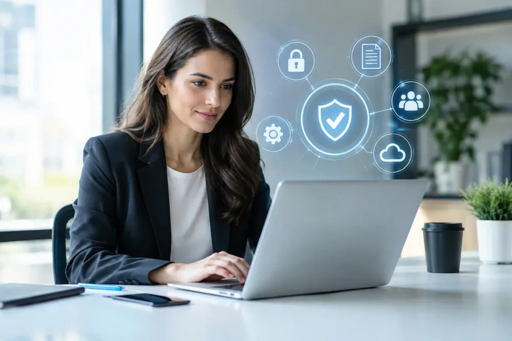 Responsable de una empresa revisando controles de acceso, documentos, nube y seguridad para el cumplimiento digital