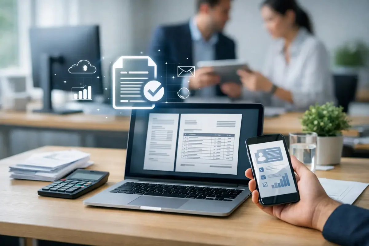 Equipo administrativo revisando facturación electrónica, documentos CFDI y control operativo desde computadora y teléfono